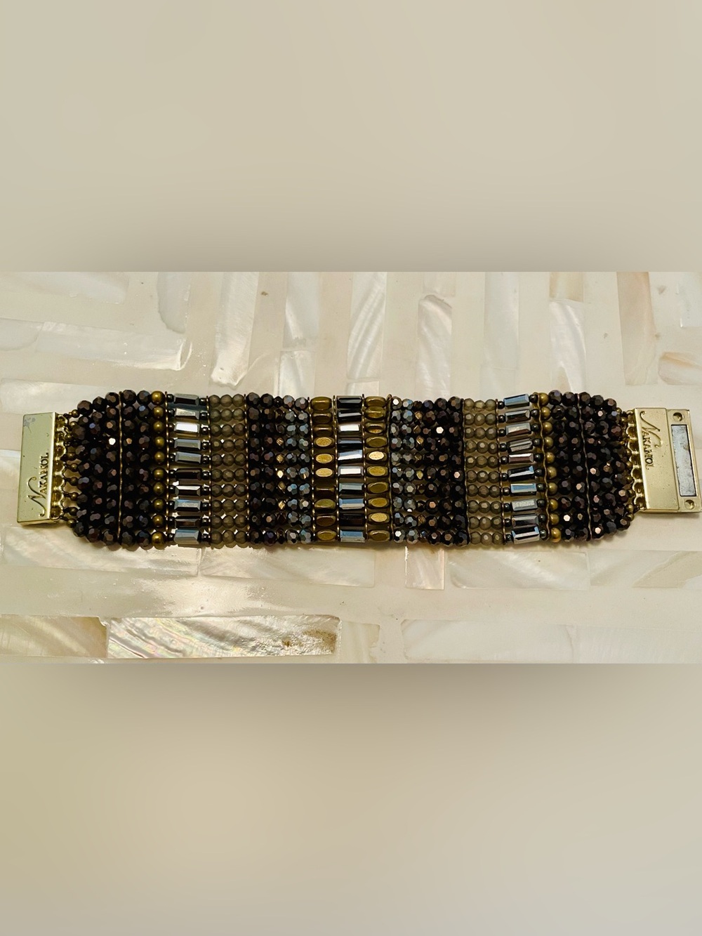 Nakamol Statement Beaded Cuff Bracelet – Brown, Bronze & Gunmetal Multistrand
